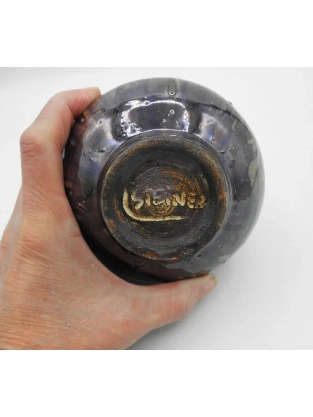 Laszlo Steiner MCM Art Pottery Single Bloom Vase Iridescent Drip Glaze Signed